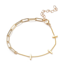 Brass Paperclip Chain & Curb Chain Bracelets, with Rectangle Beads and 304 Stainless Steel Toggle Clasps