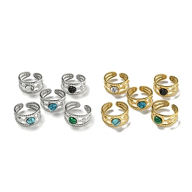 304 Stainless Steel Open Cuff Rings, Synthetic Malachite & Turquoise Round Finger Rings for Women Men