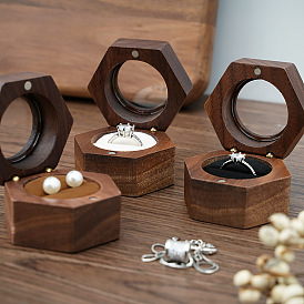 Coffret cadeau pour alliances magnétiques en bois de noyer hexagonal, boîte à bijoux à fenêtre transparente avec intérieur en velours, pour les bagues