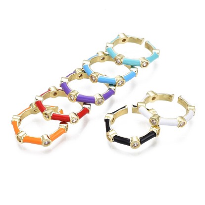 Clear Cubic Zirconia Bamboo Shape Open Cuff Ring with Enamel for Women, Real 18K Gold Plated Brass Jewelry, Nickel Free