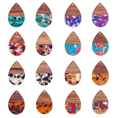 16Pcs 8 Styles Transparent Resin & Walnut Wood Pendants, with Foil Inside, Teardrop Charm