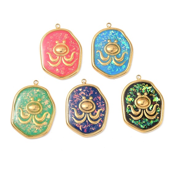 304 Stainless Steel Epoxy Resin with Natural Shell and Sequins Inside Pendants, Oval with Fish Charms, Real 18K Gold Plated, PVD Vacuum Plating