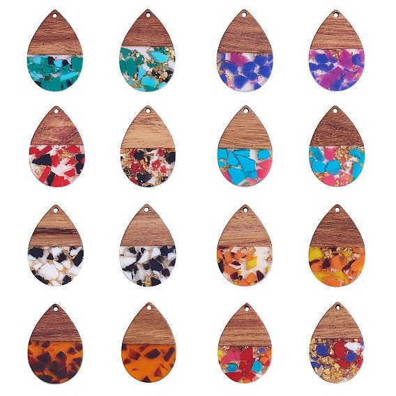 16Pcs 8 Styles Transparent Resin & Walnut Wood Pendants, with Foil Inside, Teardrop Charm