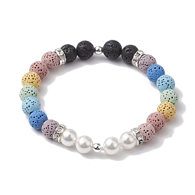 7-Color Natural Lava Rock & Shell Pearl Beaded Stretch Bracelets, Tree of Life Alloy Charm Bracelets for Women Men