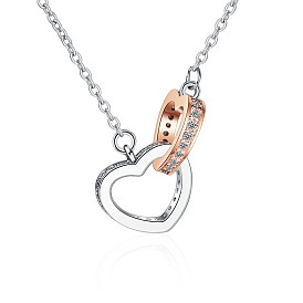 Heart-shaped necklace with double-loop lock collarbone chain, platinum rose gold, inlaid with zircon diamonds.