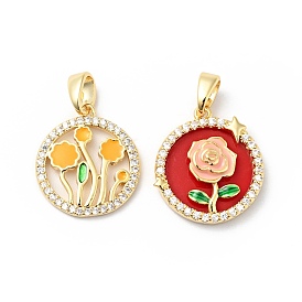 Brass Micro Pave Clear Cubic Zirconia Pendants, with Enamel, Flat Round with Flower