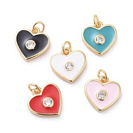 Cubic Zirconia Charms, with Brass Findings and Enamel, Heart, Golden