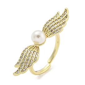 Wing Brass Micro Pave Clear Cubic Zirconia Cuff Rings, with ABS Plastic Pearl, Open Rings for Women