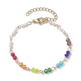 7 Chakra Faceted Glass & 3mm Round Shell Pearl Link Bracelets for Women