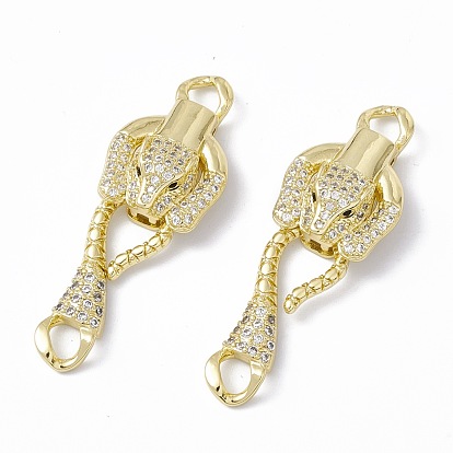 Rack Plating Brass Micro Pave Clear & Black Cubic Zirconia S-Hook Clasps, Long-Lasting Plated, Cadmium Free & Lead Free, Leopard
