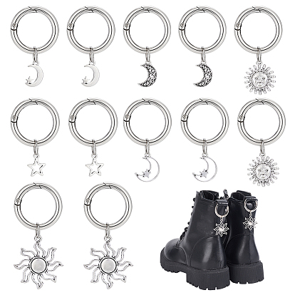 12 шт 6 стиль сплав обувь подвески, с литыми пружинными кольцами, звезда, луна, солнце