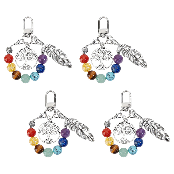 4шт. Дерево жизни и перо, натуральный и синтетический драгоценный камень, чакра, кулон, украшение, Сплав с застежками когтя омара, античное серебро