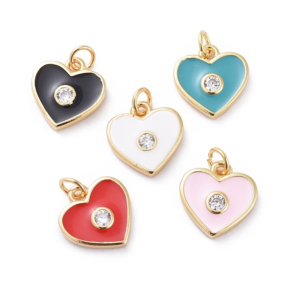 Cubic Zirconia Charms, with Brass Findings and Enamel, Heart, Golden