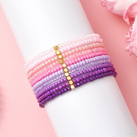 10шт. стеклянные бусины эластичные браслеты для женщин, круглые, с латунным, градиент цвета