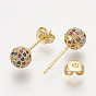 Brass Cubic Zirconia Stud Earrings, with Ear Nuts, Round