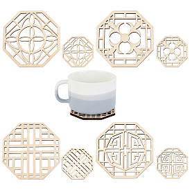 SUPERFINDINGS 8Pcs 4 Style Octagon Wooden Carved Cup Mats, Coaster Heat Resistant Pot Mats, for Home Kitchen