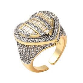 Brass Micro Pave Cubic Zirconia Cuff Rings for Women, Long-Lasting Plated, Cadmium Free & Lead Free, Heart