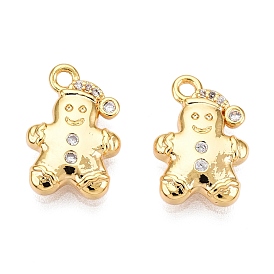 Christmas Theme Brass Micro Pave Clear Cubic Zirconia Charms, Gingerbread Man