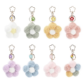 Flower Plush Pendant Keychain, with Alloy Finding for Keychain, Purse, Backpack Ornament