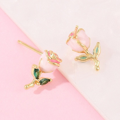 Серьги-гвоздики из латуни с микропаве и прозрачными кубическими циркониями в форме цветка ко Дню святого Валентина, с эмалью, долговечный, без свинца и без кадмия, реальный 18 k позолоченный