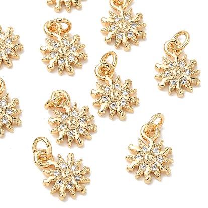 SHEGRACE Brass Micro Pave Cubic Zirconia Pendants, Cadmium Free & Nickel Free & Lead Free, Sun Charms, Clear