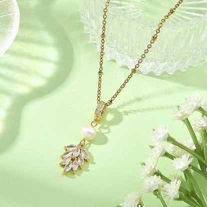 Brass Pave Cubic Zirconia Leaf Pendant 304 Stainless Steel Satellite Chain Necklaces for Women, Golden