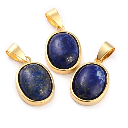 Natural Mixed Gemstone Pendants, with Golden Brass Findings, Oval