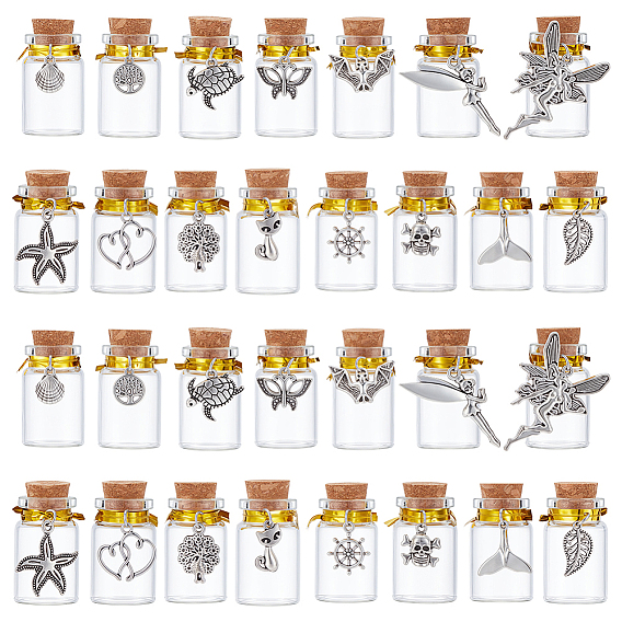 30Pcs 15 Style Glass Cork Bottles, with Alloy Pendants