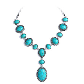 925 Silver Turquoise Pendant Necklace with Carved Flowers - European and American Style