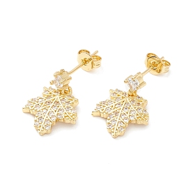 Clear Cubic Zirconia Maple Leaf Dangle Stud Earrings, Brass Jewelry for Women, Cadmium Free & Nickel Free & Lead Free