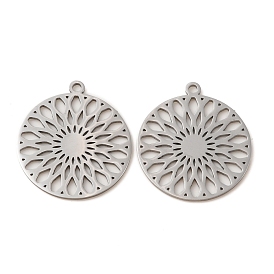 304 Stainless Steel Pendants, Laser Cut, Hollow, Flat Round with Flower Charm