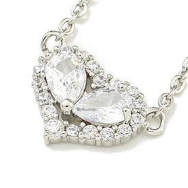 304 Stainless Steel Cable Chain Necklaces, Brass Clear Cubic Zirconia Heart Pendant Necklaces