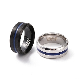 Royal Blue Enamel Grooved Line Finger Ring, 201 Stainless Steel Jewelry for Women