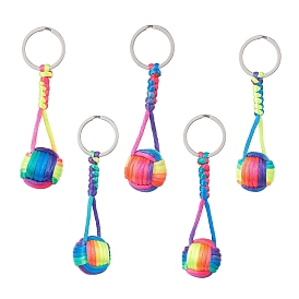 Nylon Braided Ball with Wood Round Keychains, with 304 Stainless Steel Findings