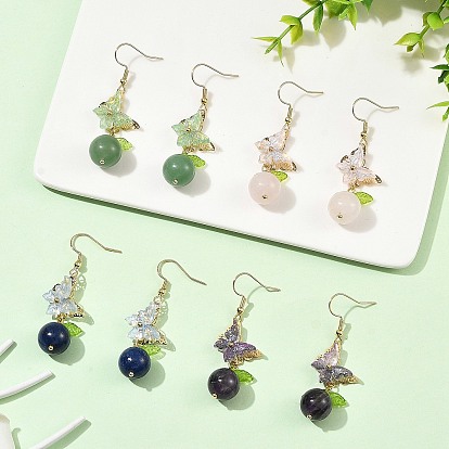 Boucles d'oreilles pendantes en acier inoxydable et lapis-lazuli naturel/aventurine verte/quartz rose/améthyste, papillon, boucles d'oreilles pendantes en acrylique et en verre