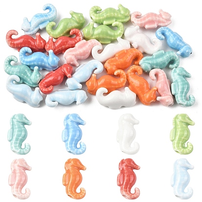 24Pcs 8 Colors Handmade Porcelain Beads, Sea Horse, Bright Glazed Porcelain