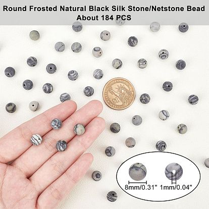 ARRICRAFT Round Frosted Natural Black Silk Stone/Netstone Beads Strands