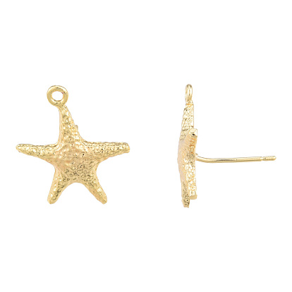 Brass Stud Earring Findings, with Horizontal Loops, Starfish, Nickel Free