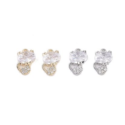 Brass Micro Pave Clear Cubic Zirconia Pendants, Cadmium Free & Nickel Free & Lead Free, with Glass, Cat