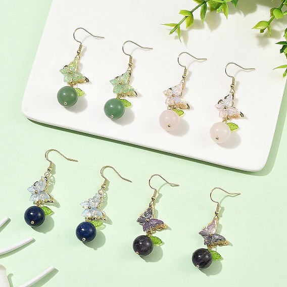 304 Stainless Steel & Natural Lapis Lazuli/Green Aventurine/Rose Quartz/Amethyst Dangle Earrings, Butterfly, Acrylic & Glass Dangle Earrings