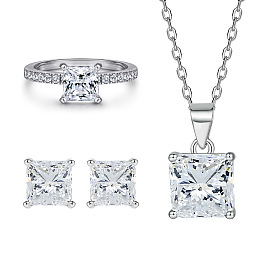 Unique Four-Claw Square Zirconia Jewelry Set for Women - Ring, Earrings & Necklace in Sterling Silver with Designer Touch
