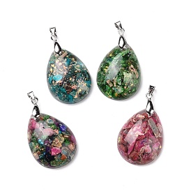 Transparent Resin Natural Imperial Jasper Dyed Chips Pendants, with Platinum Tone Brass Findings, Teardrop Charm