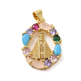 Rack Plating Brass Micro Pave Colorful Cubic Zirconia Pendants, Long-Lasting Plated, Cadmium Free & Lead Free, Oval with Pontiff Pattern Charms