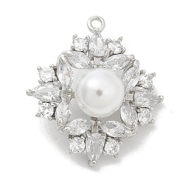 Rack Plating Brass Micro Pave Clear Cubic Zirconia Buttons, with ABS Imitation Pearl, Long-Lasting Plated, Lead Free & Cadmium Free, Rectangle, 1-Hole