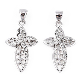 Rhodium Plated 925 Sterling Silver Micro Pave Clear Cubic Zirconia Pendants, Hollow Leaf Charms wit 925 Stamp