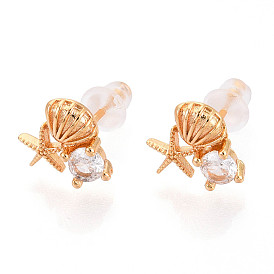 Серьги-гвоздики в форме ракушки и морской звезды из латуни с микропаве из прозрачных кубических цирконий, долговечный, без никеля 