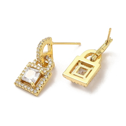 Rack Plating Brass Padlock Dangle Stud Earrings with Cubic Zirconia, Lead Free & Cadmium Free