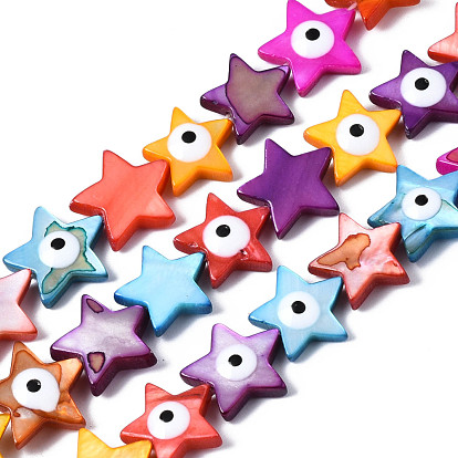 Natural Freshwater Shell Beads Strands, with Enamel, Dyed, Star with Evil Eye