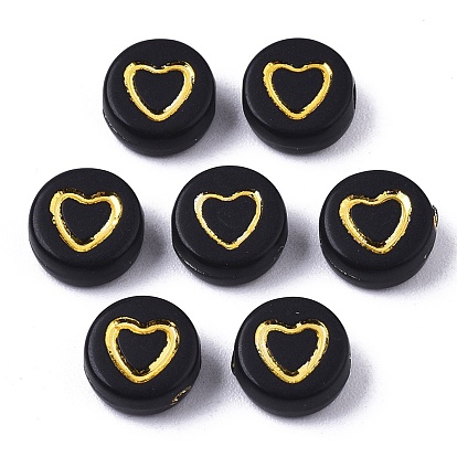 Opaque Acrylic Beads, Flat Round with Heart, Golden Plated
