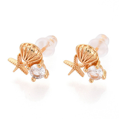 Серьги-гвоздики в форме ракушки и морской звезды из латуни с микропаве из прозрачных кубических цирконий, долговечный, без никеля 